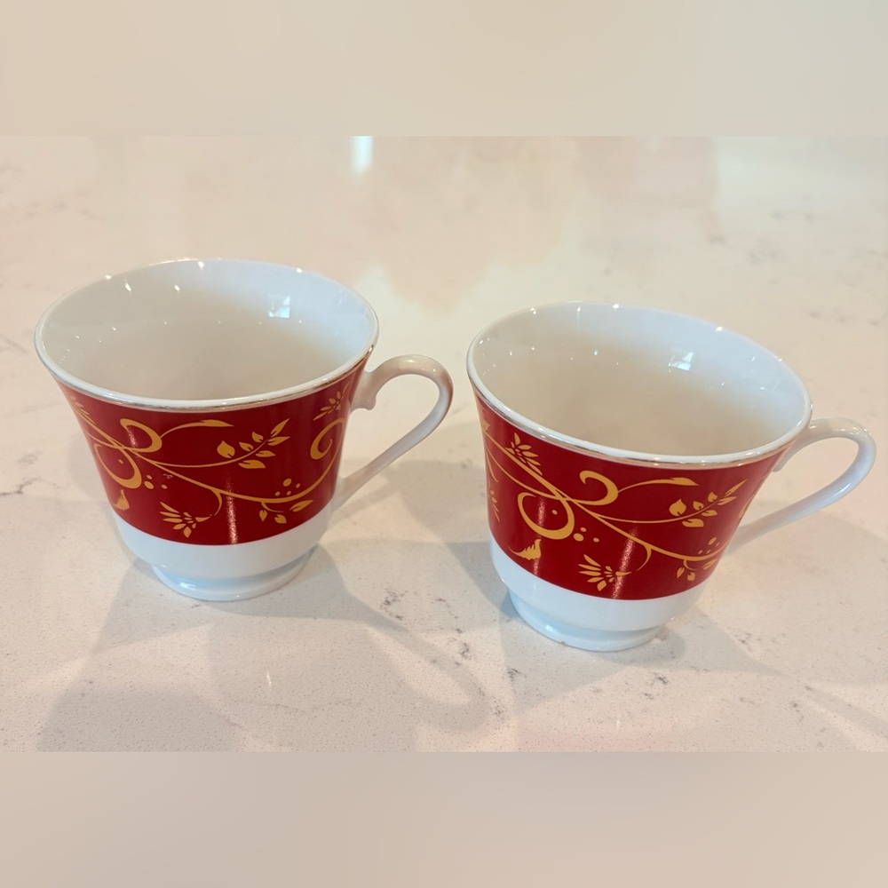 Elegant Red and Gold Patterned Mugs by Chris Madden Beautiful Chambour Red